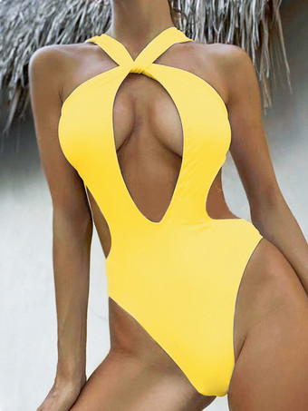 イエロー2025年夏向けセクシーなカットアウトモノキニビーチワンピース水着