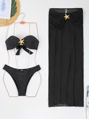 ストラップレスビキニとマキシスカート、ヒトデの装飾付き 3 ピース水着セット 2025