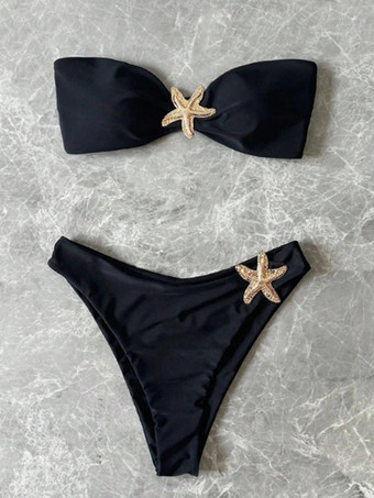 Bikini nero senza spalline con decorazione a stella marina costume da bagno due pezzi per l'estate 2025