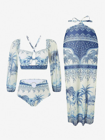 Ensemble maillot de bain 2 pièces à manches longues et jupe midi à imprimé tropical 2025