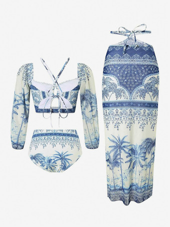 Ensemble maillot de bain 2 pièces à manches longues et jupe midi à imprimé tropical 2025