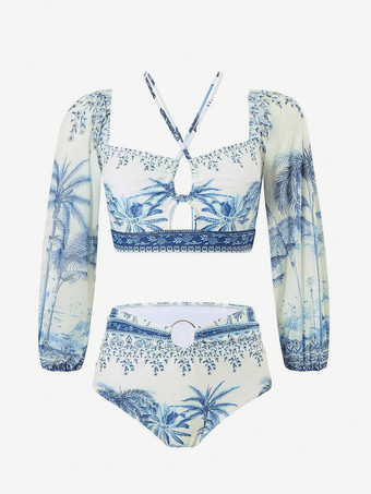 Ensemble maillot de bain 2 pièces à manches longues et jupe midi à imprimé tropical 2025