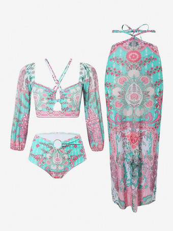 RoseEnsemble maillot de bain 2 pièces à manches longues et jupe midi à imprimé tropical 2025