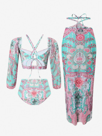 Ensemble maillot de bain 2 pièces à manches longues et jupe midi à imprimé tropical 2025