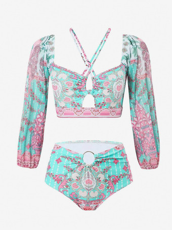 Ensemble maillot de bain 2 pièces à manches longues et jupe midi à imprimé tropical 2025