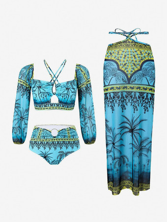 bleu Ensemble maillot de bain 2 pièces à manches longues et jupe midi à imprimé tropical 2025