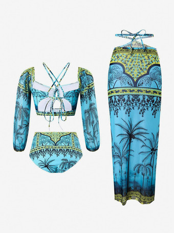 Ensemble maillot de bain 2 pièces à manches longues et jupe midi à imprimé tropical 2025