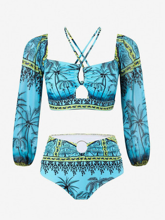 Ensemble maillot de bain 2 pièces à manches longues et jupe midi à imprimé tropical 2025