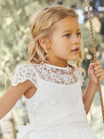 白いフラワーガールドレス ホワイトポリエステル半袖ジュエルネックフラワーガールドレス