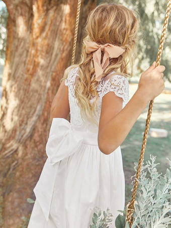 白いフラワーガールドレス ホワイトポリエステル半袖ジュエルネックフラワーガールドレス