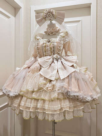 Vestido de princesa Lolita bonito vestido de baile de hada rosa con lazo y cordones de Lolita.