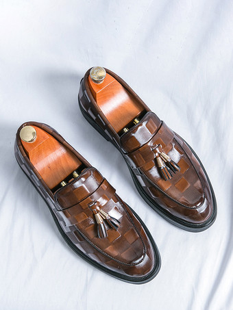 メンズ タッセルローファー スリッポン ポインテッドトゥ ペニーシューズ パテントスプライスデザイン ローヒール パーティーシューズ