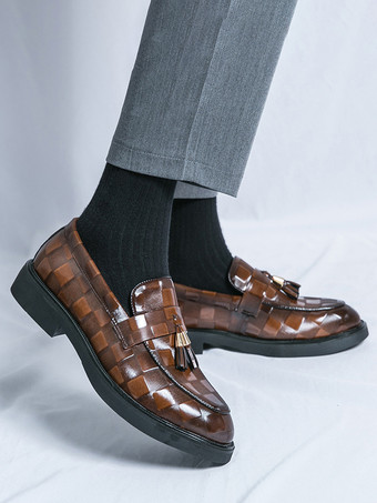 メンズ タッセルローファー スリッポン ポインテッドトゥ ペニーシューズ パテントスプライスデザイン ローヒール パーティーシューズ