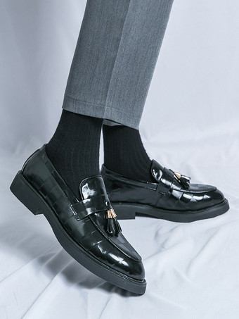 メンズ タッセルローファー スリッポン ポインテッドトゥ ペニーシューズ パテントスプライスデザイン ローヒール パーティーシューズ
