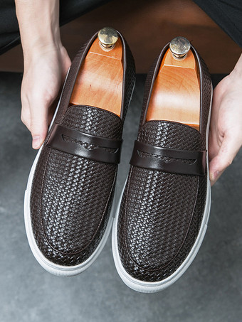 メンズ ペニーローファー スリッポン ラウンドトゥ 織りレザー ペニーシューズ 耐摩耗性 厚底 カジュアルシューズ