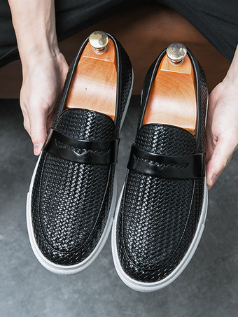 メンズ ペニーローファー スリッポン ラウンドトゥ 織りレザー ペニーシューズ 耐摩耗性 厚底 カジュアルシューズ