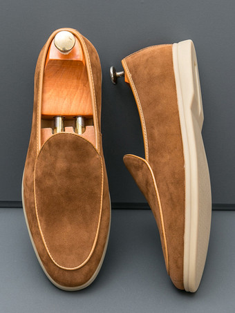 ブラウン メンズ ローファー スリッポン ポインテッドトゥ スエード モカシン シューズ ローヒール カジュアル ペニーシューズ