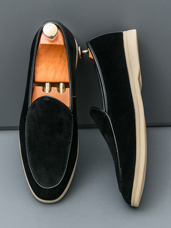 ブラック メンズ ローファー スリッポン ポインテッドトゥ スエード モカシン シューズ ローヒール カジュアル ペニーシューズ