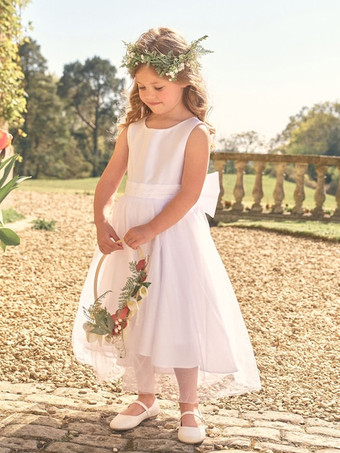 ホワイト 白いフラワーガールドレス ホワイトサテン生地 ノースリーブ ジュエルネック フラワーガールドレス