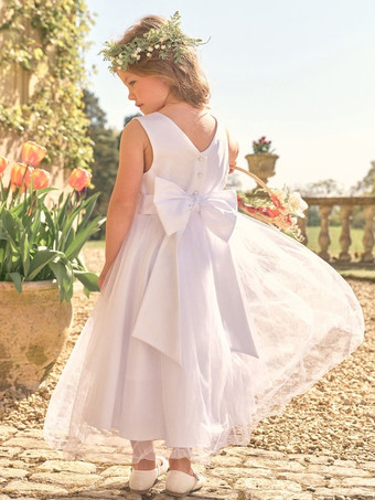 白いフラワーガールドレス ホワイトサテン生地 ノースリーブ ジュエルネック フラワーガールドレス