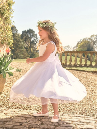 白いフラワーガールドレス ホワイトサテン生地 ノースリーブ ジュエルネック フラワーガールドレス