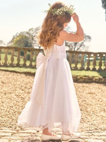 白いフラワーガールドレス ホワイトサテン生地 ノースリーブ ジュエルネック フラワーガールドレス