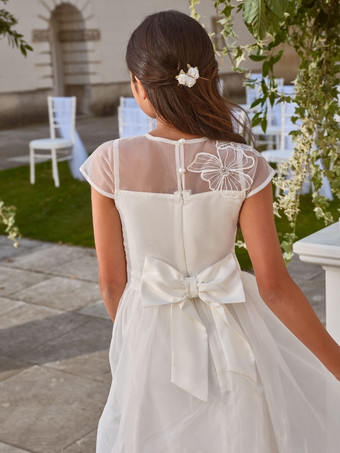 白いフラワーガールドレス ホワイトポリエステル半袖ジュエルネックフラワーガールドレス
