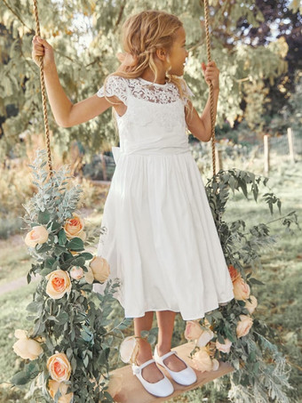 ホワイト 白いフラワーガールドレス ホワイトポリエステル半袖ジュエルネックフラワーガールドレス