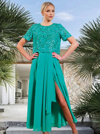 Bridal Mother Dress Jewel Neck Short Sleeves A-Line Split Front Guest Dresses For Wedding