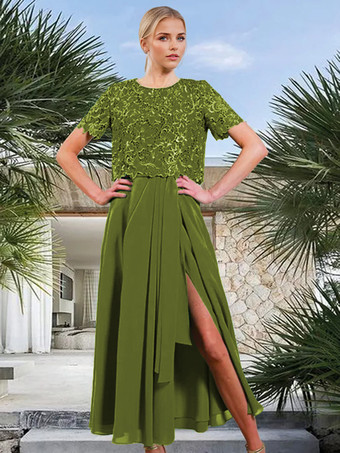 アボカドグリーンブライダルマザードレス ジュエルネック 半袖 Aライン フロントスリット ゲストドレス 結婚式用