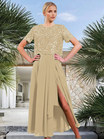 シャンパンブライダルマザードレス ジュエルネック 半袖 Aライン フロントスリット ゲストドレス 結婚式用