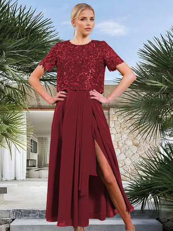 バーガンディーブライダルマザードレス ジュエルネック 半袖 Aライン フロントスリット ゲストドレス 結婚式用