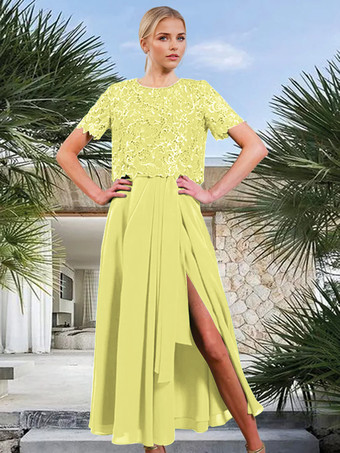 スイセン色ブライダルマザードレス ジュエルネック 半袖 Aライン フロントスリット ゲストドレス 結婚式用