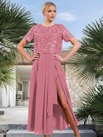 ピンクブライダルマザードレス ジュエルネック 半袖 Aライン フロントスリット ゲストドレス 結婚式用