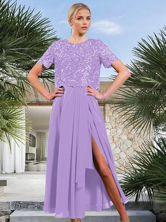 ライラックブライダルマザードレス ジュエルネック 半袖 Aライン フロントスリット ゲストドレス 結婚式用