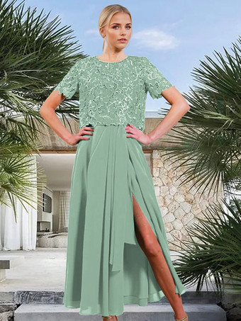 パステルグリーンブライダルマザードレス ジュエルネック 半袖 Aライン フロントスリット ゲストドレス 結婚式用