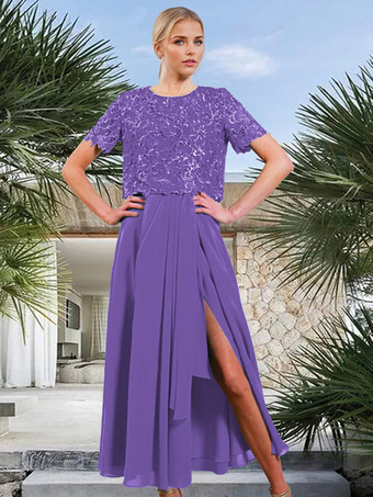 パープル ブライダルマザードレス ジュエルネック 半袖 Aライン フロントスリット ゲストドレス 結婚式用