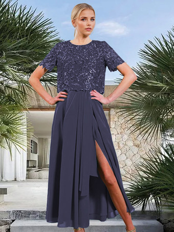 スチールブルーブライダルマザードレス ジュエルネック 半袖 Aライン フロントスリット ゲストドレス 結婚式用