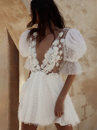 ブライダルミニドレス ショートウェディングドレス Vネック 半袖 Aライン ヴィンテージ ショートブライダルドレス