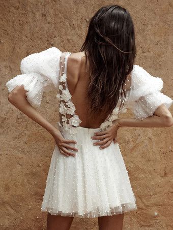 ブライダルミニドレス ショートウェディングドレス Vネック 半袖 Aライン ヴィンテージ ショートブライダルドレス