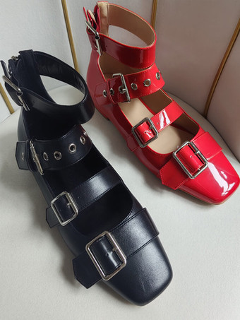 レディース バレエ フラット スクエアトゥ バックルディテール ストラップ バレリーナ フラットシューズ