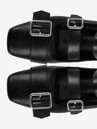 レディース バレエ フラット スクエアトゥ バックルディテール ストラップ バレリーナ フラットシューズ