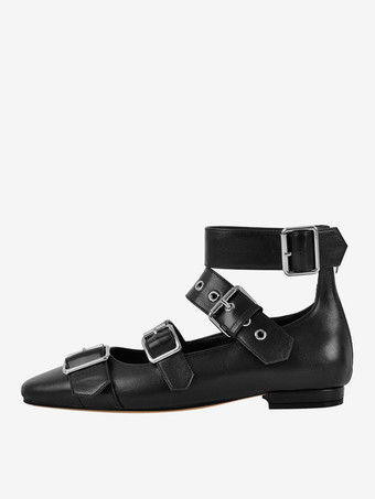 レディース バレエ フラット スクエアトゥ バックルディテール ストラップ バレリーナ フラットシューズ