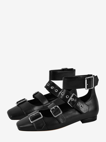 ブラック レディース バレエ フラット スクエアトゥ バックルディテール ストラップ バレリーナ フラットシューズ