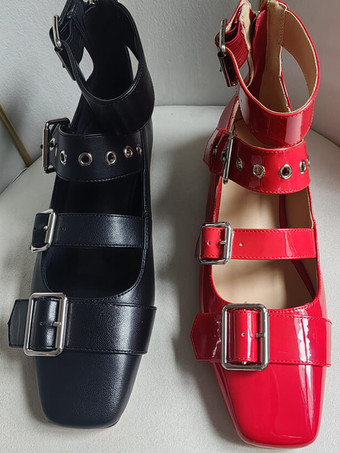 レディース バレエ フラット スクエアトゥ バックルディテール ストラップ バレリーナ フラットシューズ