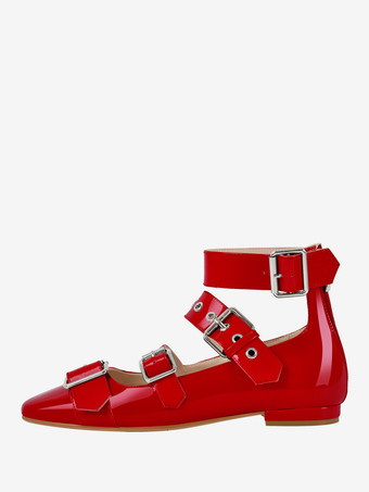 レディース バレエ フラット スクエアトゥ バックルディテール ストラップ バレリーナ フラットシューズ