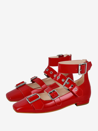 レッドレディース バレエ フラット スクエアトゥ バックルディテール ストラップ バレリーナ フラットシューズ