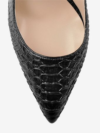 黒のハイヒール、チャンキーヒール、スネーク柄、ポインテッドトゥ、スリングバックパンプス