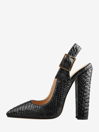 黒のハイヒール、チャンキーヒール、スネーク柄、ポインテッドトゥ、スリングバックパンプス