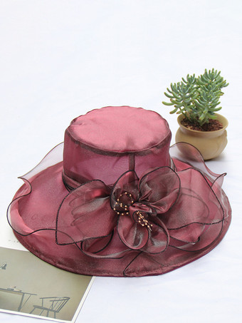 ワインレッド レディース ファシネーターハット ロマンティック オーガンザ シルクフラワー ティーパーティーハット